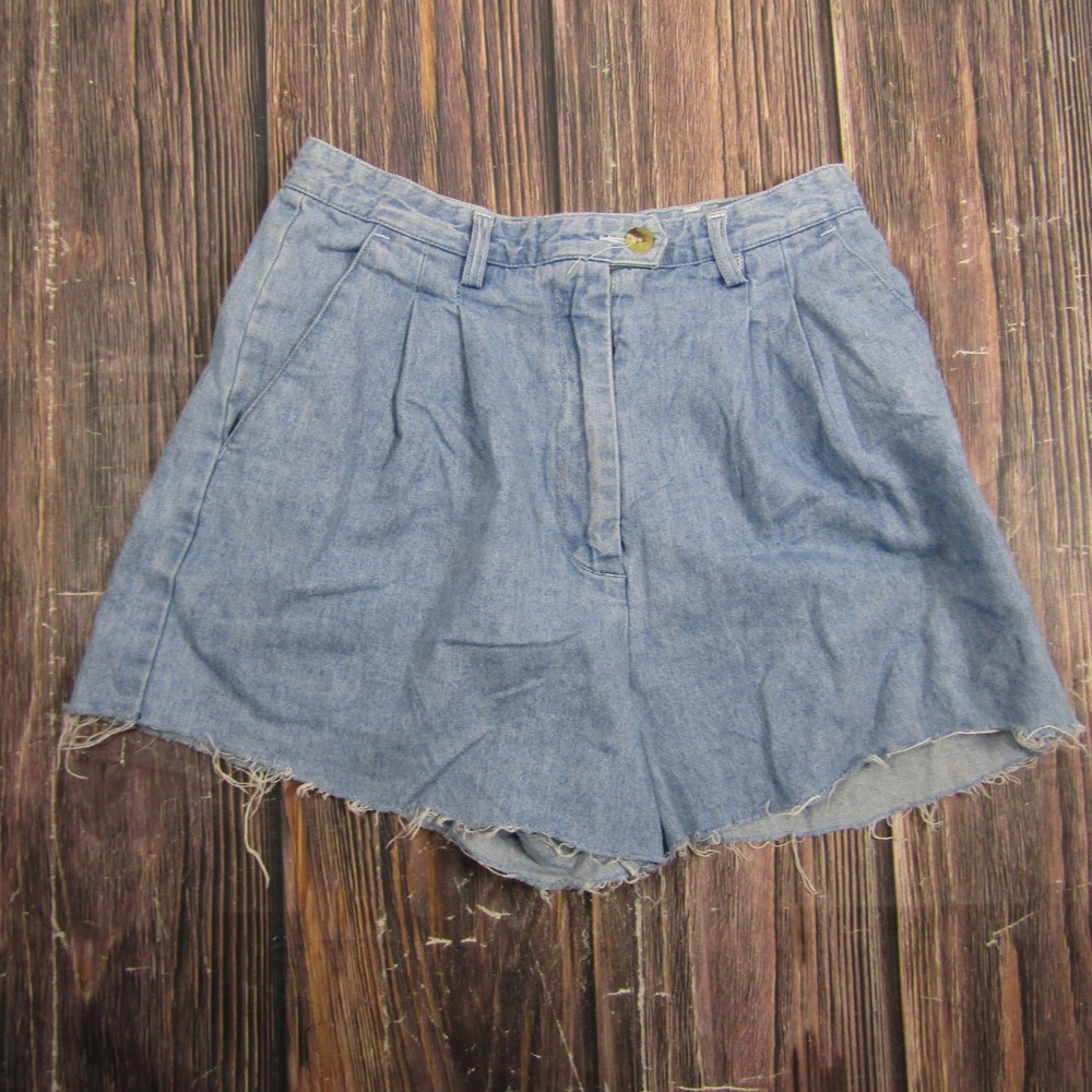 Basic Editions Denim Shorts Women 8 Blue High Waisted Pleated Raw Hem Vintage